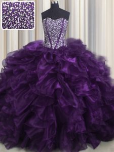 Bling-bling Brush Train Ball Gowns Quinceanera Gowns Purple Sweetheart Organza Sleeveless With Train Lace Up