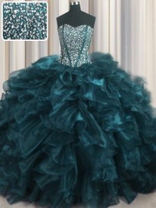 Fantastic Visible Boning Bling-bling Teal Sleeveless Brush Train Beading and Ruffles With Train Quinceanera Dress