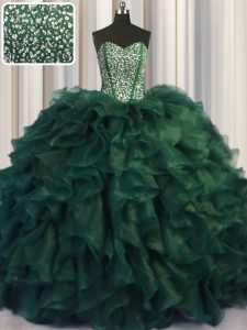 Bling-bling Organza Sweetheart Sleeveless Brush Train Lace Up Beading and Ruffles 15 Quinceanera Dress in Dark Green