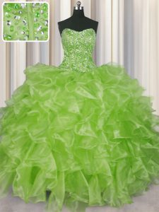 Visible Boning Yellow Green Sleeveless Organza Lace Up Vestidos de Quinceanera for Military Ball and Sweet 16 and Quince