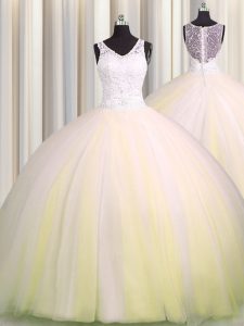 Affordable Zipple Up V Neck Light Yellow Zipper Quinceanera Gowns Beading and Appliques Sleeveless Brush Train