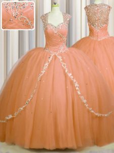 See Through Back Orange Tulle Zipper Sweetheart Cap Sleeves With Train Sweet 16 Quinceanera Dress Brush Train Beading an
