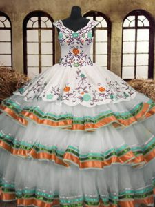 Floor Length Multi-color Quinceanera Gowns Organza Sleeveless Embroidery and Ruffled Layers