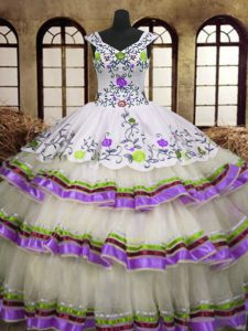 Fabulous Multi-color Organza Lace Up V-neck Sleeveless Floor Length 15th Birthday Dress Embroidery and Ruffled Layers