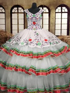 Organza V-neck Sleeveless Lace Up Embroidery and Ruffled Layers Quinceanera Dress in Multi-color