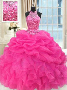 Lovely See Through Beaded Bodice Floor Length Ball Gowns Sleeveless Hot Pink Sweet 16 Quinceanera Dress Lace Up