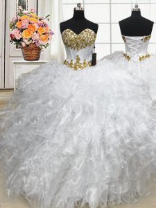 Sleeveless Organza Floor Length Lace Up Quinceanera Gown in White with Beading and Ruffles