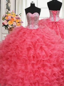 Beaded Bodice Coral Red Ball Gowns Organza Sweetheart Sleeveless Beading and Ruffles Floor Length Lace Up Quinceanera Dr