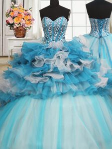 Visible Boning Beaded Bodice Sweetheart Sleeveless Sweet 16 Dress Floor Length Beading and Ruffled Layers Blue And White