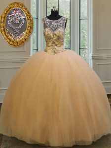 Gold Quinceanera Dresses Military Ball and Sweet 16 and Quinceanera and For with Beading and Appliques Scoop Sleeveless 