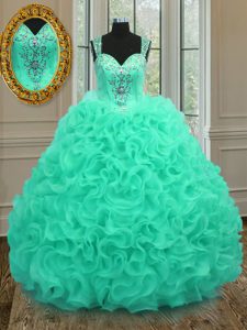 Designer Straps Apple Green Organza Zipper Sweet 16 Dresses Sleeveless Floor Length Beading and Ruffles
