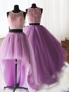 Three Piece Scoop Sleeveless Quinceanera Gown With Brush Train Beading and Lace and Ruffles Lilac Organza and Tulle and 