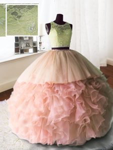 Fantastic Baby Pink Ball Gowns Organza and Tulle and Lace Scoop Sleeveless Beading and Lace and Ruffles With Train Zippe
