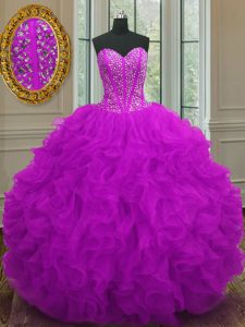 Decent Floor Length Purple Sweet 16 Dress Organza Sleeveless Beading and Ruffles