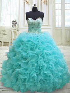 Extravagant Aqua Blue Sweetheart Lace Up Beading and Ruffles Quinceanera Gowns Sweep Train Sleeveless