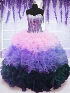 Attractive Multi-color Lace Up Quinceanera Dress Beading and Ruffles and Ruffled Layers Sleeveless Floor Length