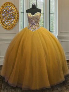 Gold Lace Up Sweetheart Beading Quinceanera Gowns Tulle Sleeveless