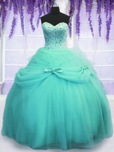 Designer Tulle Sleeveless Floor Length Quinceanera Gown and Beading and Sequins and Bowknot