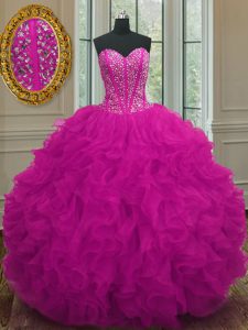 On Sale Fuchsia Sweetheart Neckline Beading and Ruffles Quinceanera Dresses Sleeveless Lace Up
