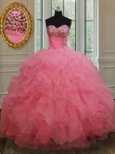 Enchanting Rose Pink Lace Up 15th Birthday Dress Beading and Ruffles Sleeveless Floor Length
