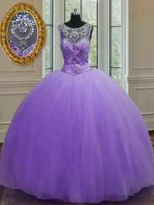 Scoop Beading 15 Quinceanera Dress Lavender Lace Up Sleeveless Floor Length