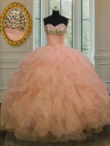 Peach Ball Gown Prom Dress Military Ball and Sweet 16 and Quinceanera and For with Beading and Ruffles Sweetheart Sleeve