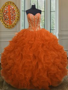 Sweetheart Sleeveless Lace Up Sweet 16 Quinceanera Dress Orange Red Organza