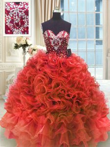 Wine Red Ball Gowns Beading and Ruffles Quinceanera Gown Lace Up Organza Sleeveless Floor Length