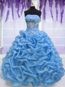 Glorious Ball Gowns Quinceanera Gown Blue Strapless Organza Sleeveless Floor Length Lace Up