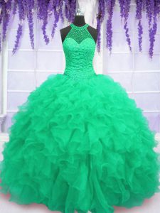 Adorable Floor Length Turquoise Quinceanera Dress Organza Sleeveless Beading and Ruffles