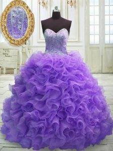 Purple Lace Up 15 Quinceanera Dress Beading and Ruffles Sleeveless Sweep Train