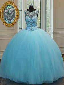 Best Scoop Baby Blue Sleeveless Floor Length Beading Lace Up Sweet 16 Quinceanera Dress