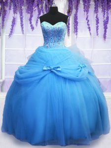 Top Selling Blue Sweetheart Neckline Beading and Bowknot Quince Ball Gowns Sleeveless Lace Up