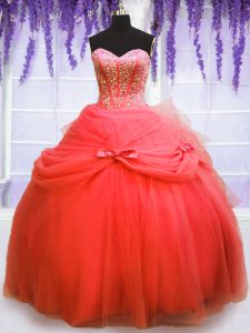 Sweetheart Sleeveless Tulle Sweet 16 Dress Beading and Bowknot Lace Up