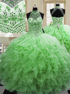Exceptional Ball Gowns Quinceanera Dress Halter Top Tulle Sleeveless Floor Length Lace Up