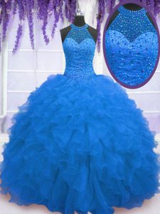 Smart Blue Ball Gowns Organza High-neck Sleeveless Beading and Ruffles Floor Length Zipper Quinceanera Dresses