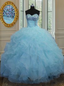 Vintage Sleeveless Organza Floor Length Lace Up Quince Ball Gowns in Baby Blue with Beading and Ruffles