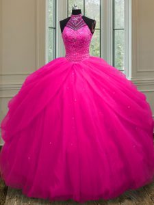 Best Selling Hot Pink Tulle Lace Up Halter Top Sleeveless Floor Length 15 Quinceanera Dress Beading and Sequins