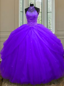 Purple Halter Top Lace Up Beading and Sequins Vestidos de Quinceanera Sleeveless