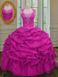 Graceful Straps Beading and Pick Ups Quinceanera Dresses Fuchsia Lace Up Cap Sleeves Floor Length