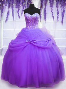 Lavender Tulle Lace Up Sweetheart Sleeveless Floor Length Quinceanera Gown Beading and Bowknot