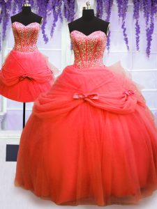 Three Piece Coral Red Lace Up 15 Quinceanera Dress Beading and Bowknot Sleeveless Floor Length