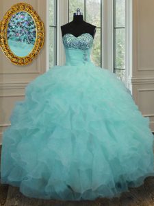 Aqua Blue Sleeveless Organza Lace Up Sweet 16 Dress for Military Ball and Sweet 16 and Quinceanera