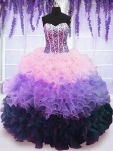 Smart Multi-color Ball Gowns Beading and Ruffles and Ruffled Layers Sweet 16 Dress Lace Up Organza Sleeveless Floor Leng