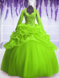 Trendy Organza Long Sleeves Floor Length Quinceanera Dresses and Sequins and Pick Ups