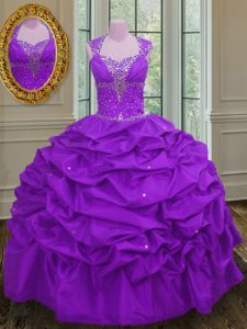 Lovely Straps Sleeveless 15th Birthday Dress Floor Length Beading and Pick Ups Purple Taffeta