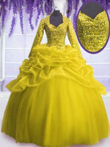 Sequins Pick Ups Ball Gowns Sweet 16 Quinceanera Dress Yellow V-neck Organza Long Sleeves Floor Length Zipper