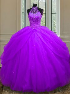 Luxury Halter Top Beading and Sequins Sweet 16 Quinceanera Dress Purple Lace Up Sleeveless Floor Length