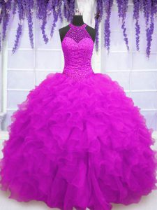 Discount Fuchsia Ball Gown Prom Dress Military Ball and Sweet 16 and Quinceanera and For with Beading and Ruffles High-n