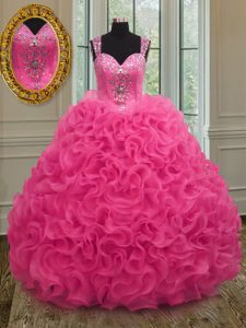 Straps Sleeveless Floor Length Beading and Ruffles Zipper Sweet 16 Dresses with Hot Pink